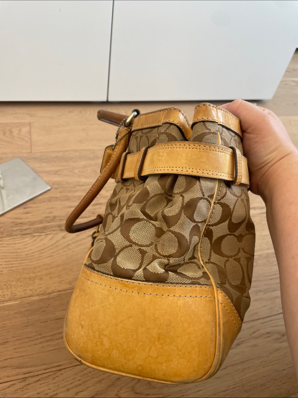 Coach Signature Jacquard Leather Trim Satchel Shoulder Bag Brown Tan - Picture 6 of 9
